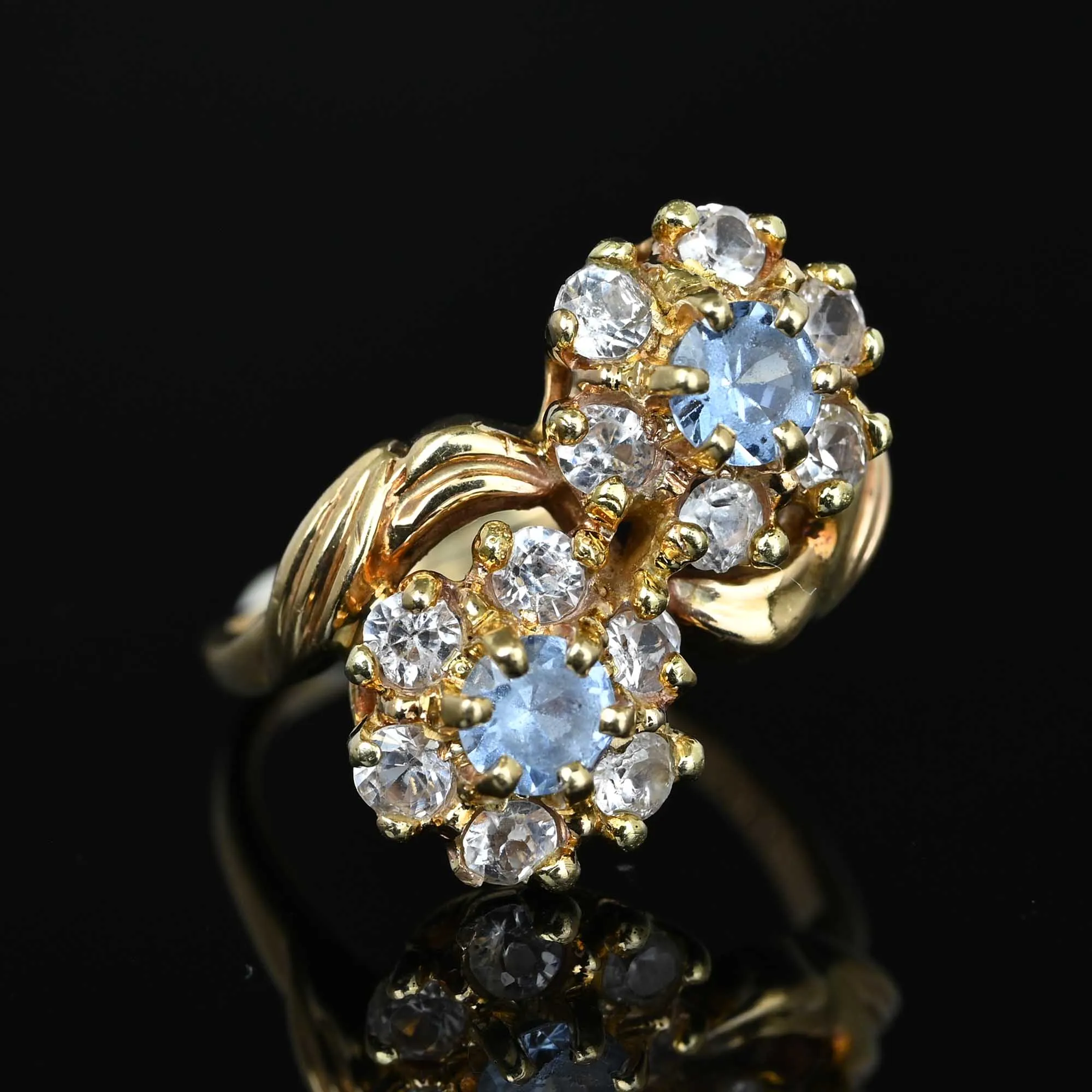 Vintage Double Flower Cluster Quartz Aquamarine Cocktail Ring