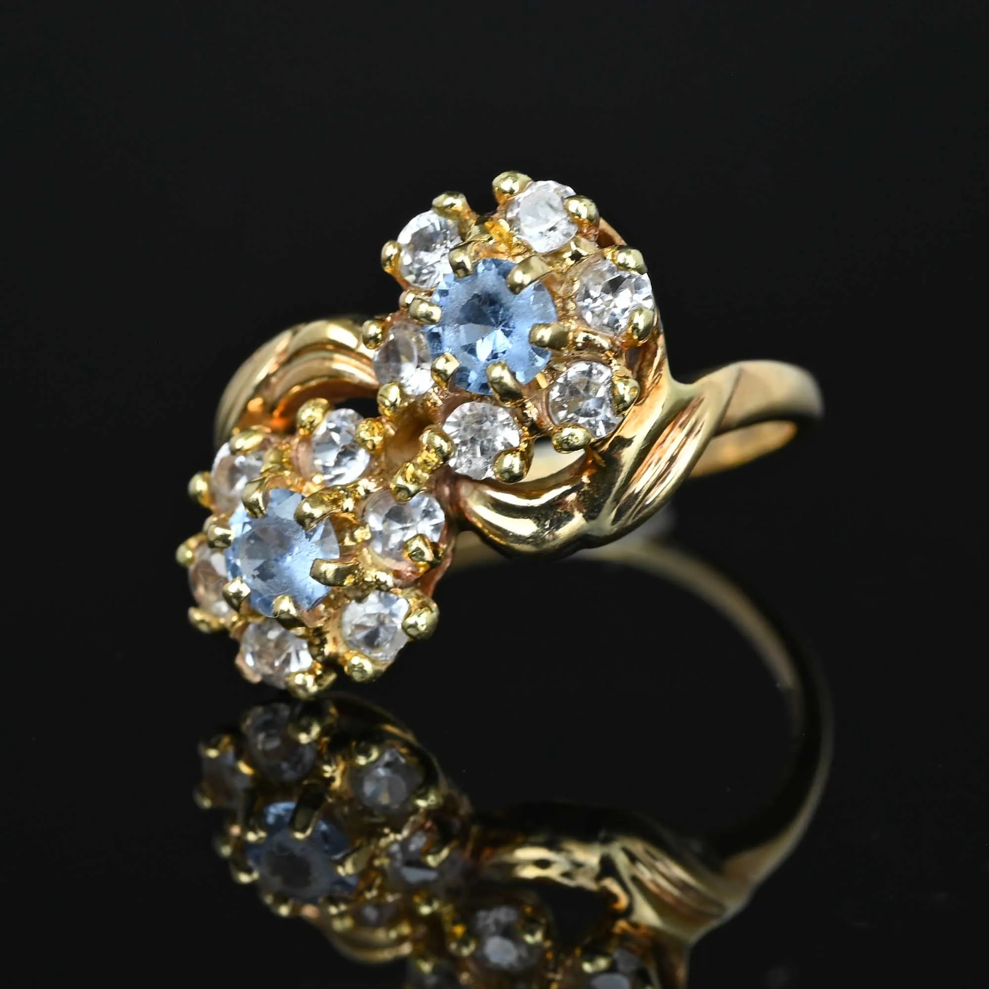 Vintage Double Flower Cluster Quartz Aquamarine Cocktail Ring