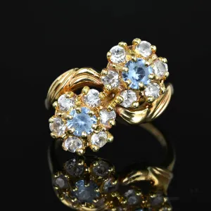 Vintage Double Flower Cluster Quartz Aquamarine Cocktail Ring