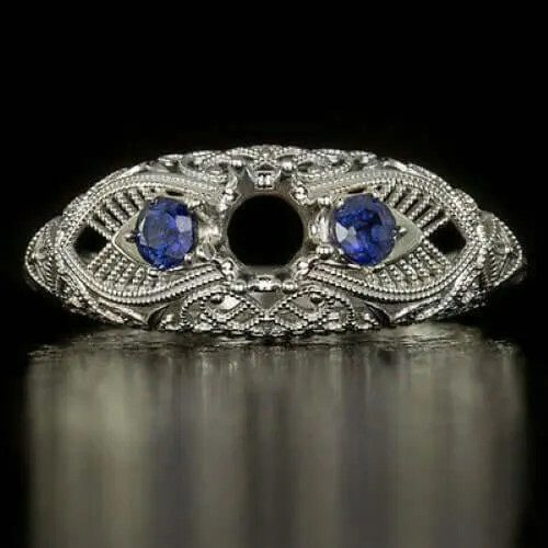 VINTAGE STYLE SEMI MOUNT 5mm ROUND FILIGREE SAPPHIRE RING SETTING 3 STONE BLUE