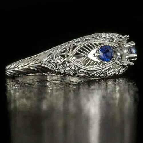 VINTAGE STYLE SEMI MOUNT 5mm ROUND FILIGREE SAPPHIRE RING SETTING 3 STONE BLUE