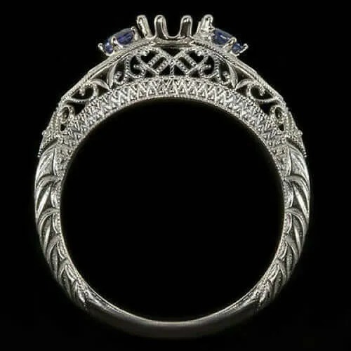 VINTAGE STYLE SEMI MOUNT 5mm ROUND FILIGREE SAPPHIRE RING SETTING 3 STONE BLUE