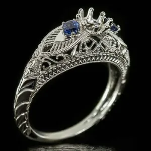 VINTAGE STYLE SEMI MOUNT 5mm ROUND FILIGREE SAPPHIRE RING SETTING 3 STONE BLUE