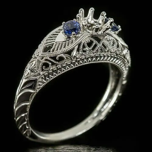 VINTAGE STYLE SEMI MOUNT 5mm ROUND FILIGREE SAPPHIRE RING SETTING 3 STONE BLUE