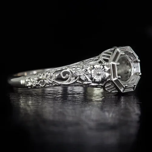 VINTAGE STYLE SEMI-MOUNT RING ART NOUVEAU STYLE SETTING ROUND FLOWER VINE FLORAL