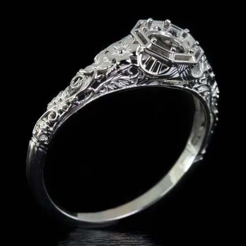 VINTAGE STYLE SEMI-MOUNT RING ART NOUVEAU STYLE SETTING ROUND FLOWER VINE FLORAL