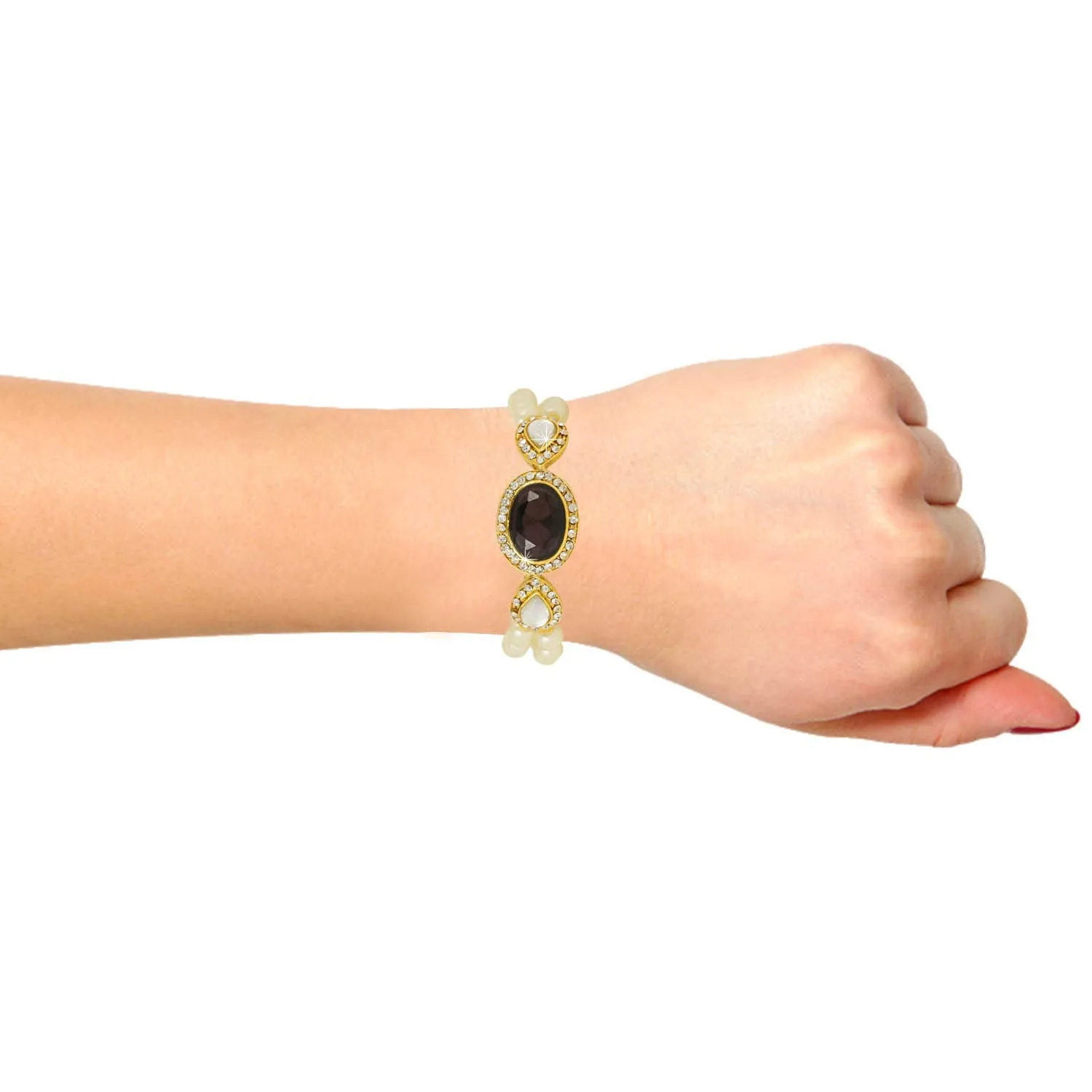 Yellow Chimes Black Stone Shine Pearl Strand Bracelet for Women and Girls